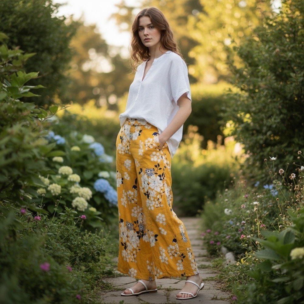 Sea New York Women's Pia High-Rise Wide Leg Yellow Floral Pants In Size 8